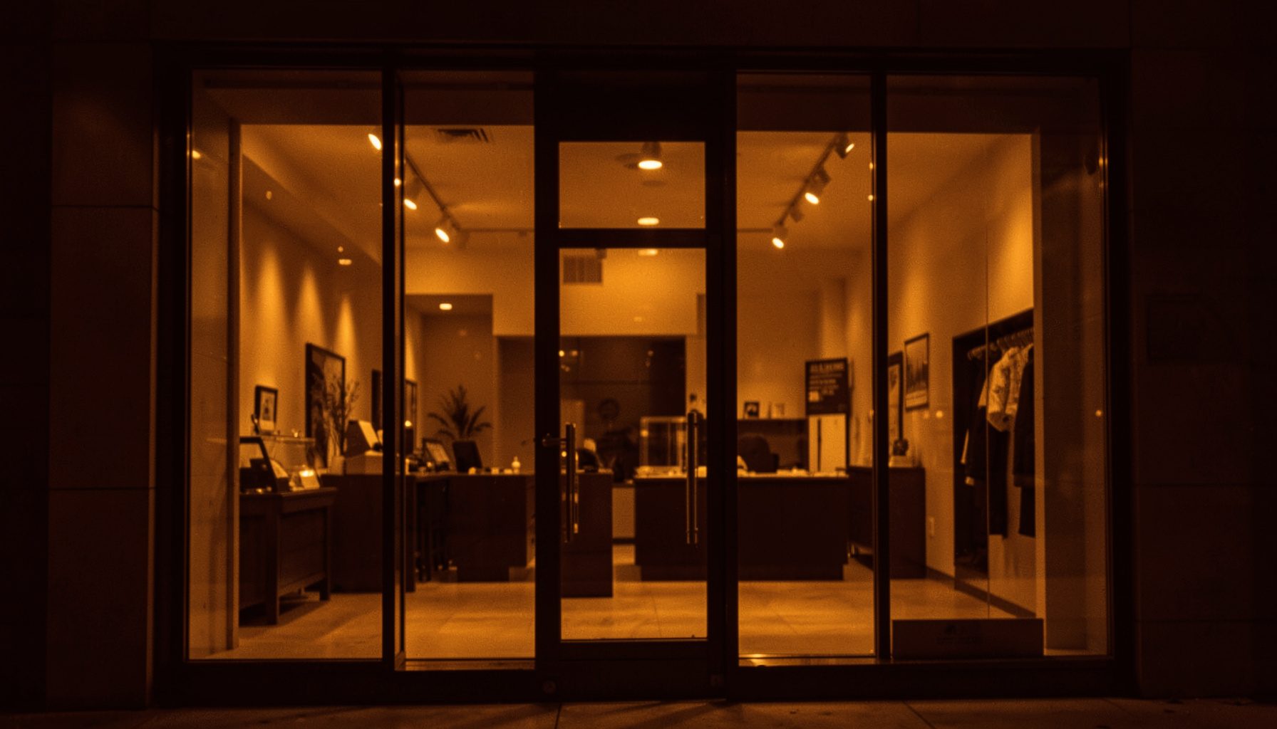 A warm duotone photograph of a modern glass storefront with soft interior lighting, rendered in deep brown and amber tones.
