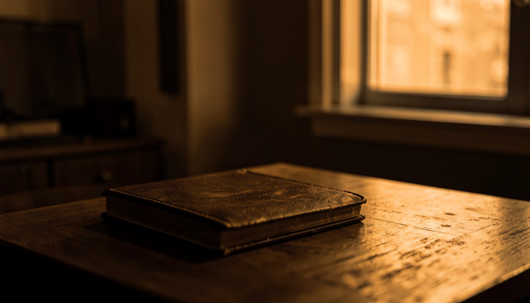 A quiet office interior with a wooden desk, a closed leather-bound ledger, and soft warm light filtering through a window, rendered in deep brown and muted gold duotone.