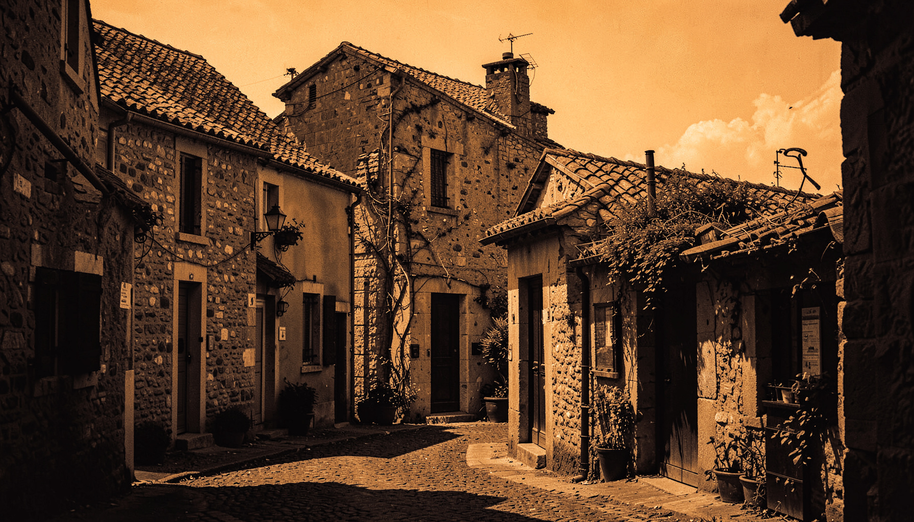 Warm duotone photograph of a sunlit French village street with stone facades and terracotta roof tiles, rendered in deep amber and charcoal tones.